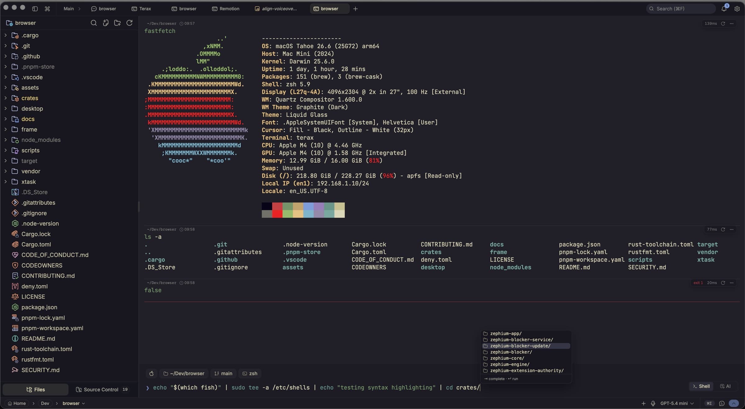 Terax: file tree, block-based terminal running fastfetch, and the command input