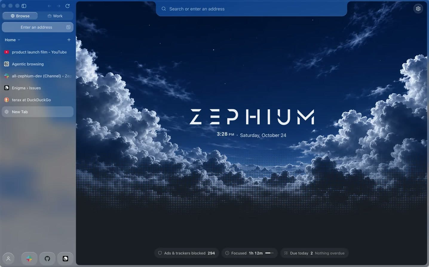 Zephium's new tab: the window opens onto a night sky, with tabs in the sidebar